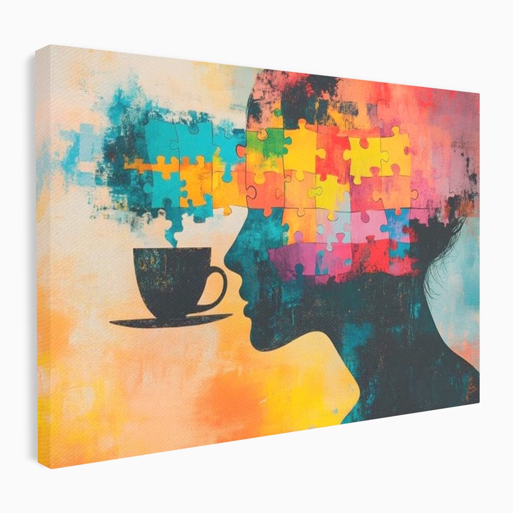 Tablou Canvas Premium, LuxCanva® N1120, Ganduri in Puzzle, Psihologie, Mister, Identitate, Emotie, Minte, Constiinta, Joc, Cafea, Ceasca, Cafenea, Pub, Lounge, Bar, Restaurant, Bucatarie