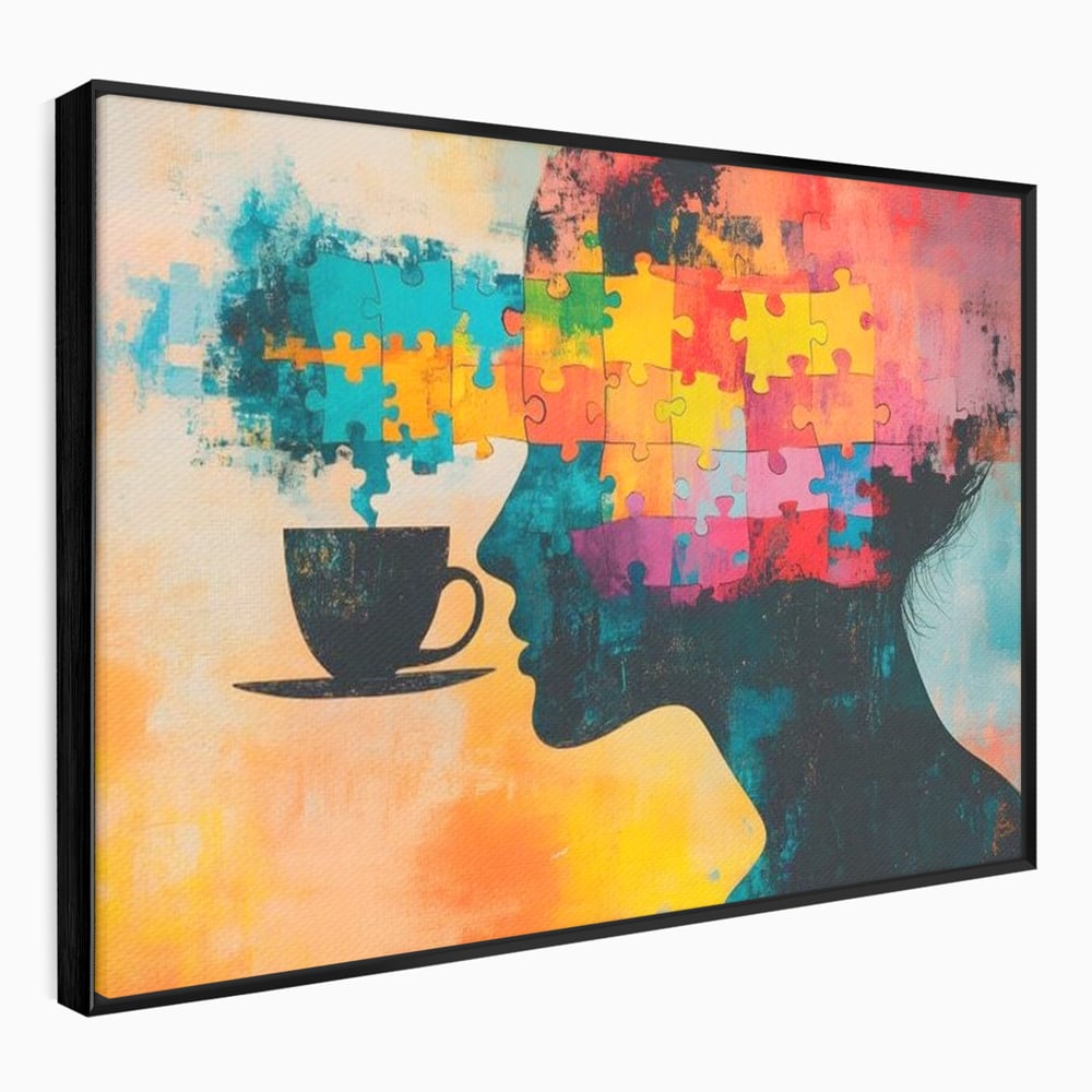 Tablou Canvas Premium, LuxCanva® N1120, Ganduri in Puzzle, Psihologie, Mister, Identitate, Emotie, Minte, Constiinta, Joc, Cafea, Ceasca, Cafenea, Pub, Lounge, Bar, Restaurant, Bucatarie