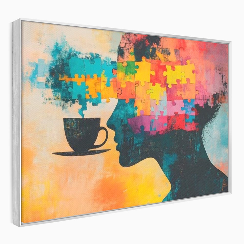 Tablou Canvas Premium, LuxCanva® N1120, Ganduri in Puzzle, Psihologie, Mister, Identitate, Emotie, Minte, Constiinta, Joc, Cafea, Ceasca, Cafenea, Pub, Lounge, Bar, Restaurant, Bucatarie