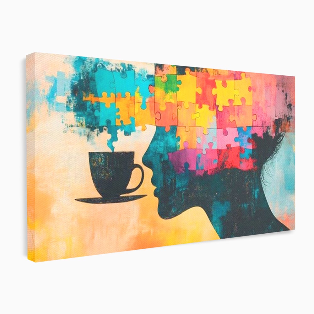 Tablou Canvas Premium, LuxCanva® N1120, Ganduri in Puzzle, Psihologie, Mister, Identitate, Emotie, Minte, Constiinta, Joc, Cafea, Ceasca, Cafenea, Pub, Lounge, Bar, Restaurant, Bucatarie