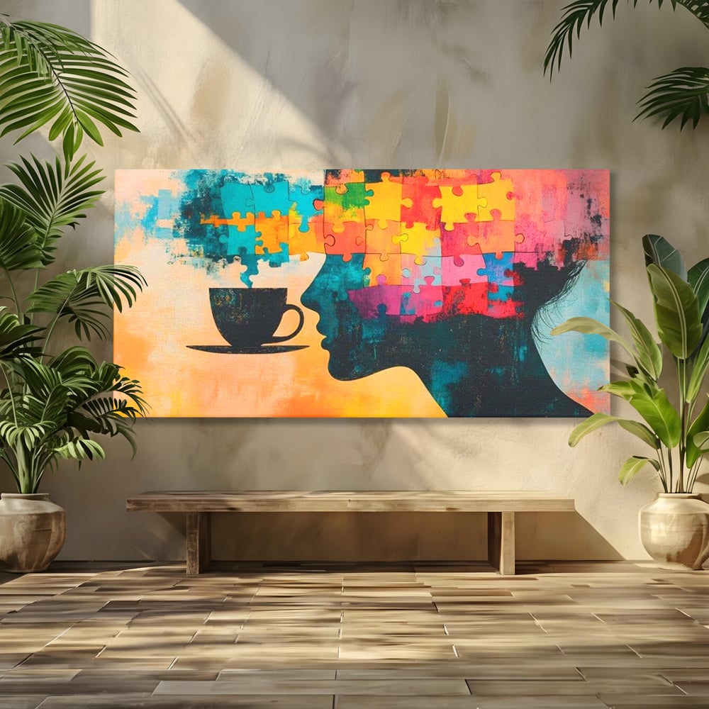 Tablou Canvas Premium, LuxCanva® N1120, Ganduri in Puzzle, Psihologie, Mister, Identitate, Emotie, Minte, Constiinta, Joc, Cafea, Ceasca, Cafenea, Pub, Lounge, Bar, Restaurant, Bucatarie
