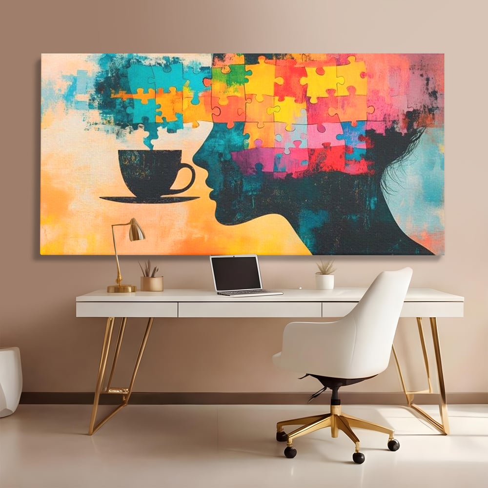 Tablou Canvas Premium, LuxCanva® N1120, Ganduri in Puzzle, Psihologie, Mister, Identitate, Emotie, Minte, Constiinta, Joc, Cafea, Ceasca, Cafenea, Pub, Lounge, Bar, Restaurant, Bucatarie