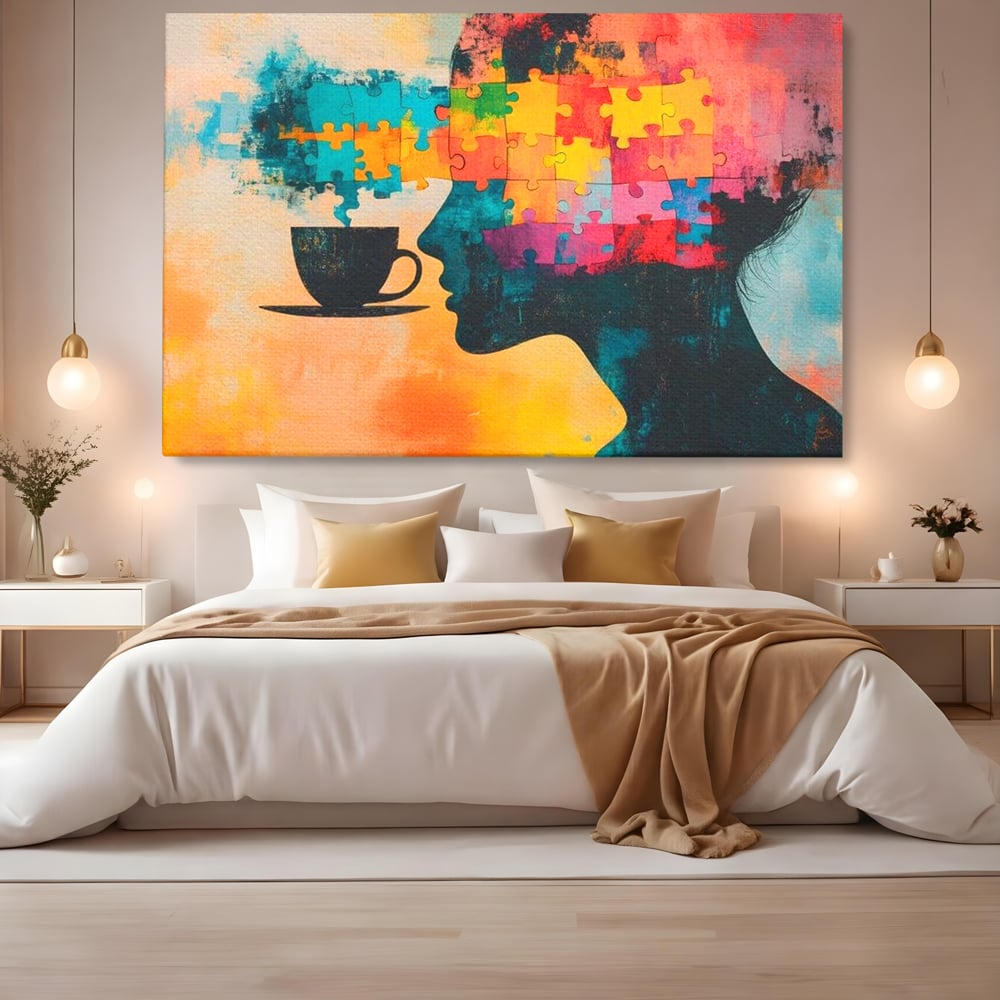 Tablou Canvas Premium, LuxCanva® N1120, Ganduri in Puzzle, Psihologie, Mister, Identitate, Emotie, Minte, Constiinta, Joc, Cafea, Ceasca, Cafenea, Pub, Lounge, Bar, Restaurant, Bucatarie