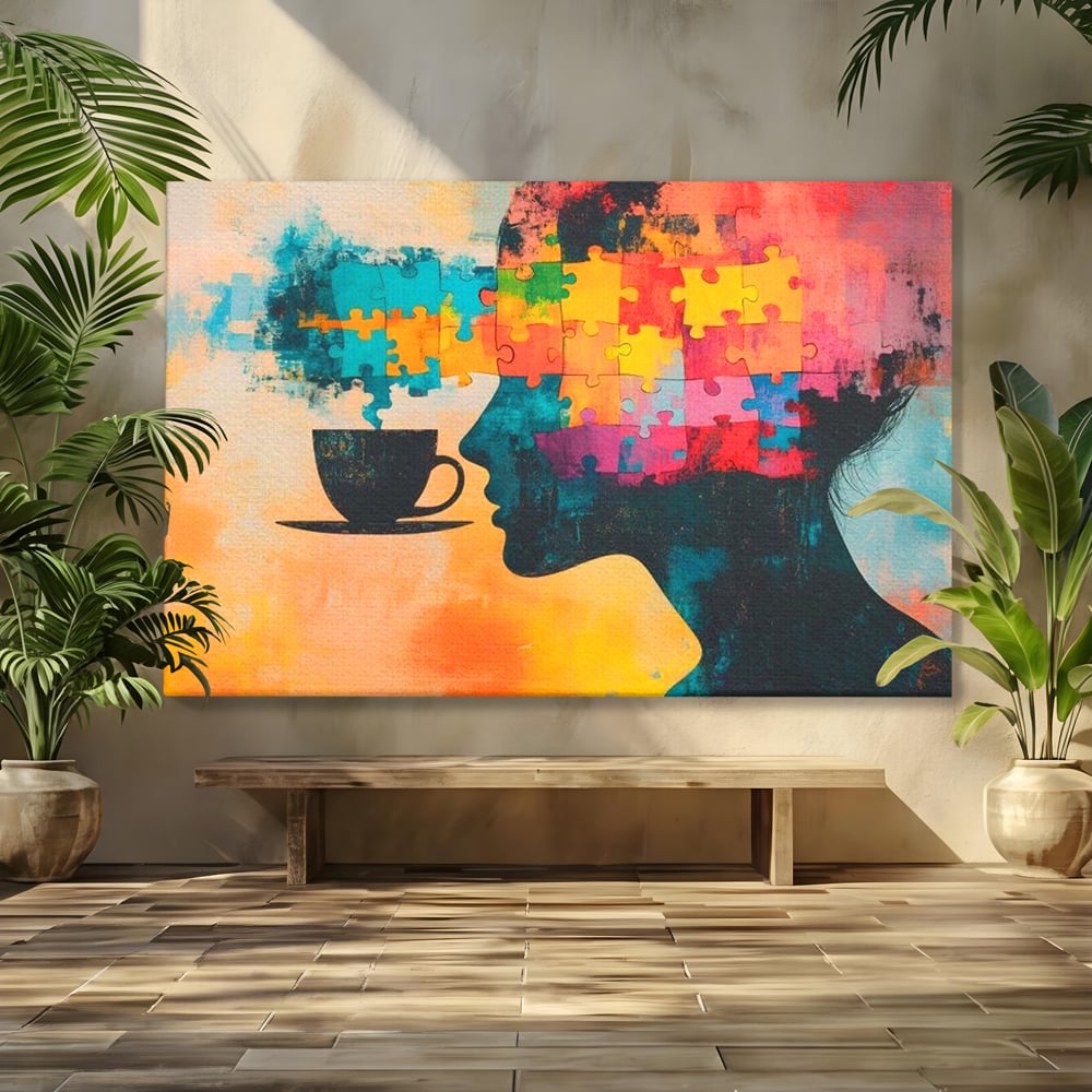 Tablou Canvas Premium, LuxCanva® N1120, Ganduri in Puzzle, Psihologie, Mister, Identitate, Emotie, Minte, Constiinta, Joc, Cafea, Ceasca, Cafenea, Pub, Lounge, Bar, Restaurant, Bucatarie