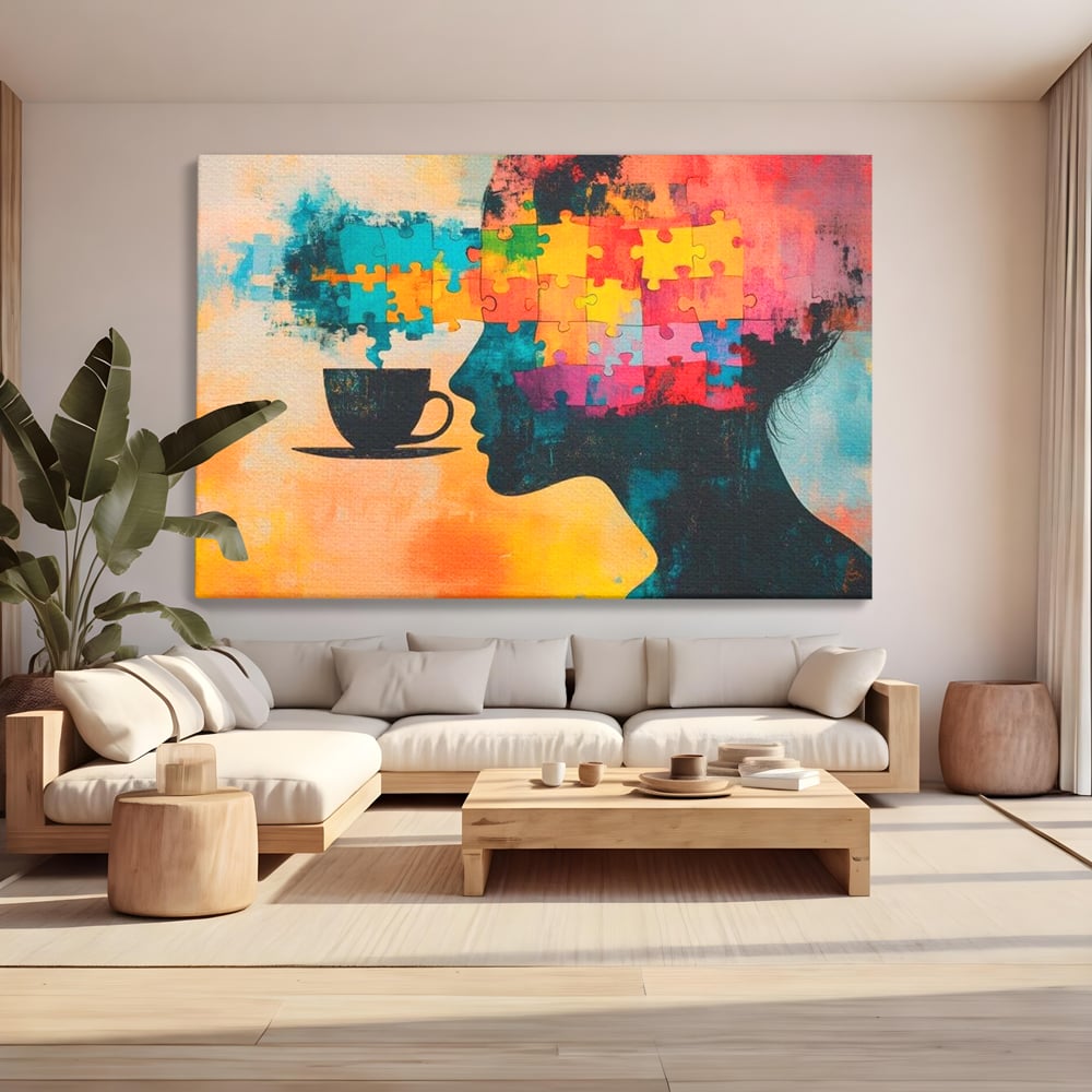 Tablou Canvas Premium, LuxCanva® N1120, Ganduri in Puzzle, Psihologie, Mister, Identitate, Emotie, Minte, Constiinta, Joc, Cafea, Ceasca, Cafenea, Pub, Lounge, Bar, Restaurant, Bucatarie