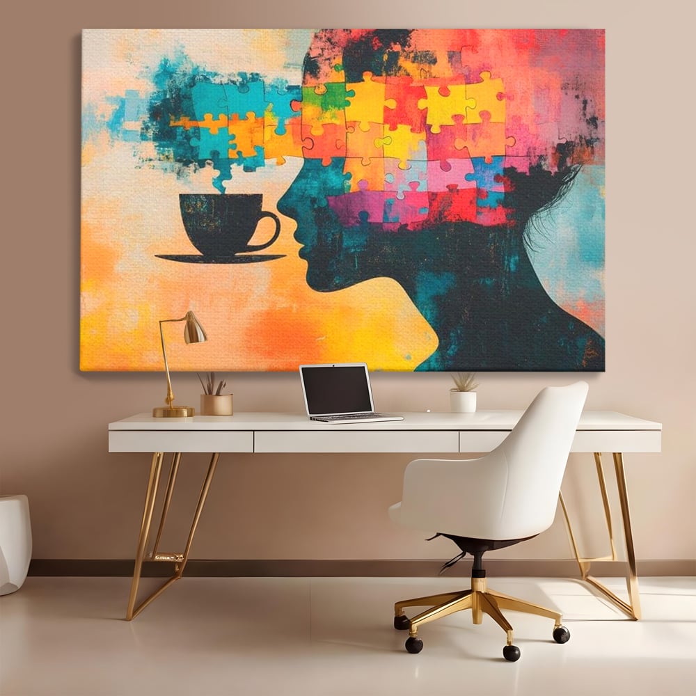 Tablou Canvas Premium, LuxCanva® N1120, Ganduri in Puzzle, Psihologie, Mister, Identitate, Emotie, Minte, Constiinta, Joc, Cafea, Ceasca, Cafenea, Pub, Lounge, Bar, Restaurant, Bucatarie