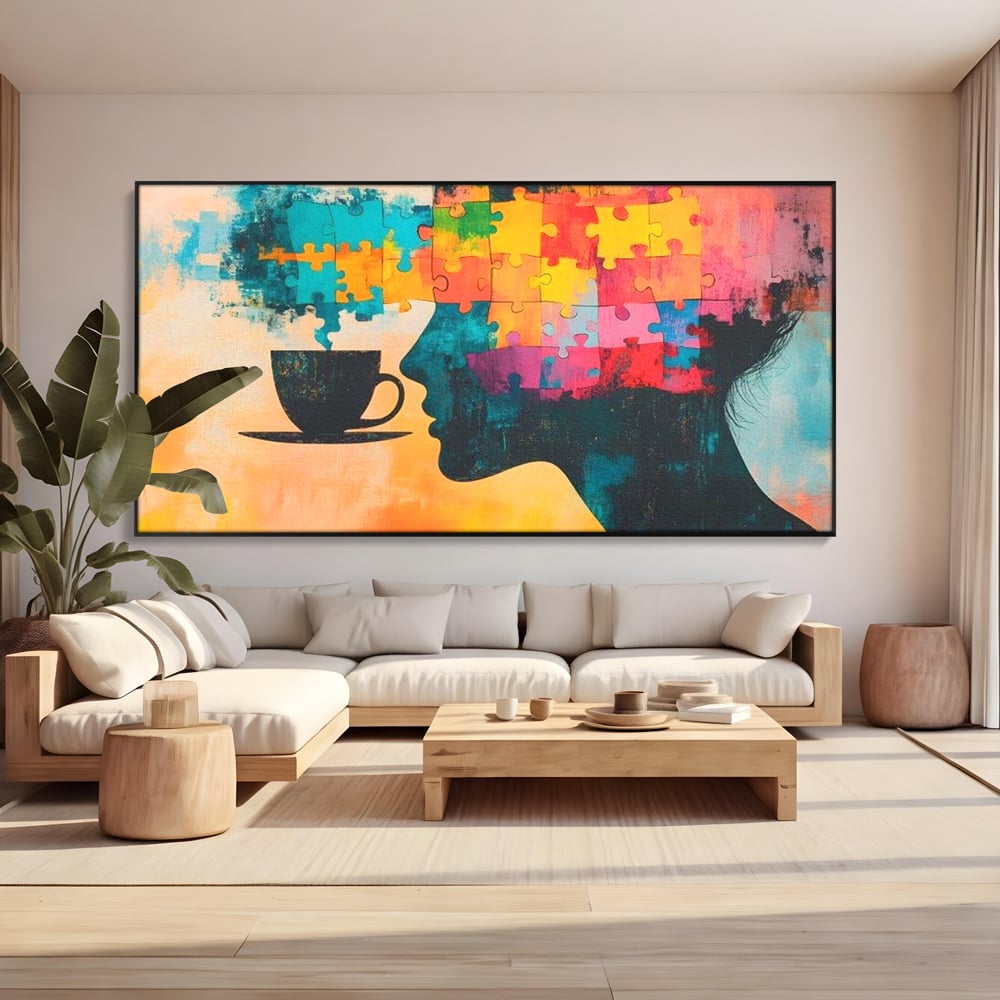 Tablou Canvas Premium, LuxCanva® N1120, Ganduri in Puzzle, Psihologie, Mister, Identitate, Emotie, Minte, Constiinta, Joc, Cafea, Ceasca, Cafenea, Pub, Lounge, Bar, Restaurant, Bucatarie