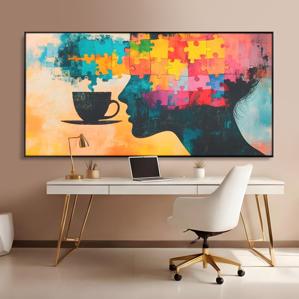 Tablou Canvas Premium, LuxCanva® N1120, Ganduri in Puzzle, Psihologie, Mister, Identitate, Emotie, Minte, Constiinta, Joc, Cafea, Ceasca, Cafenea, Pub, Lounge, Bar, Restaurant, Bucatarie