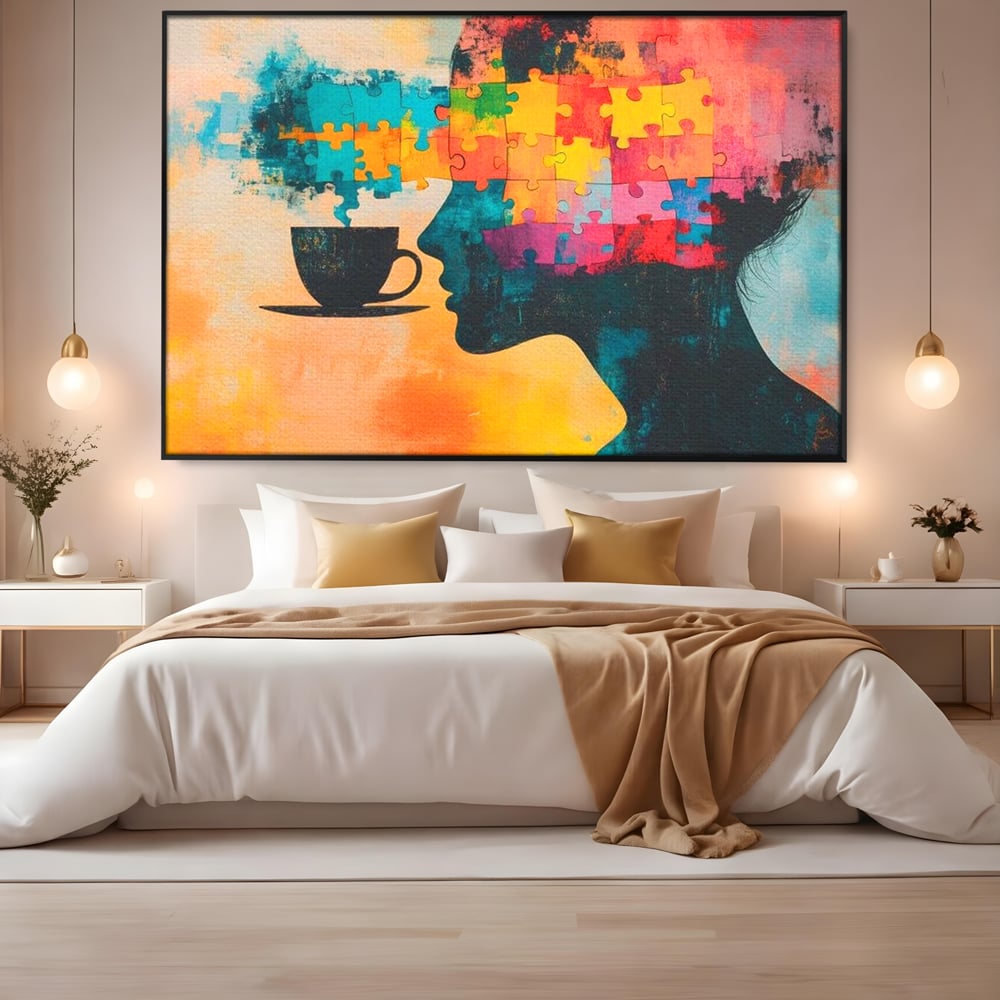 Tablou Canvas Premium, LuxCanva® N1120, Ganduri in Puzzle, Psihologie, Mister, Identitate, Emotie, Minte, Constiinta, Joc, Cafea, Ceasca, Cafenea, Pub, Lounge, Bar, Restaurant, Bucatarie