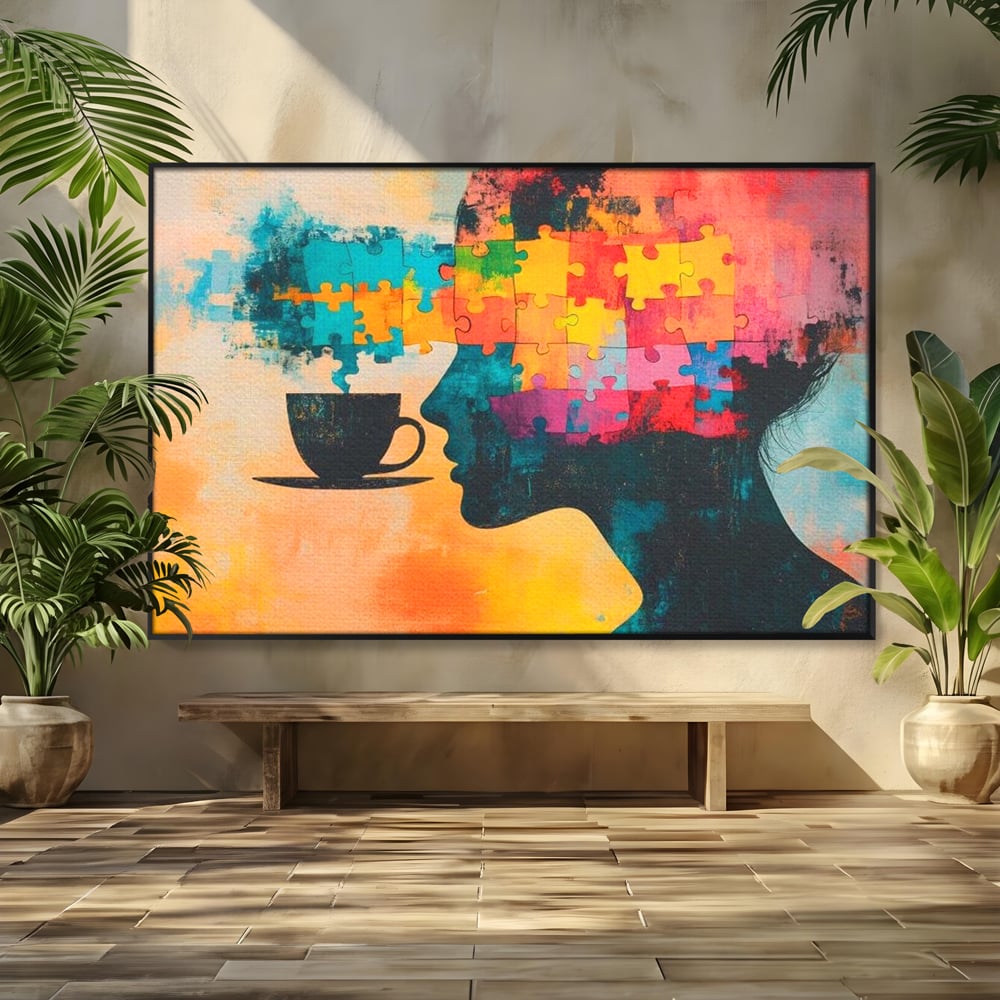 Tablou Canvas Premium, LuxCanva® N1120, Ganduri in Puzzle, Psihologie, Mister, Identitate, Emotie, Minte, Constiinta, Joc, Cafea, Ceasca, Cafenea, Pub, Lounge, Bar, Restaurant, Bucatarie