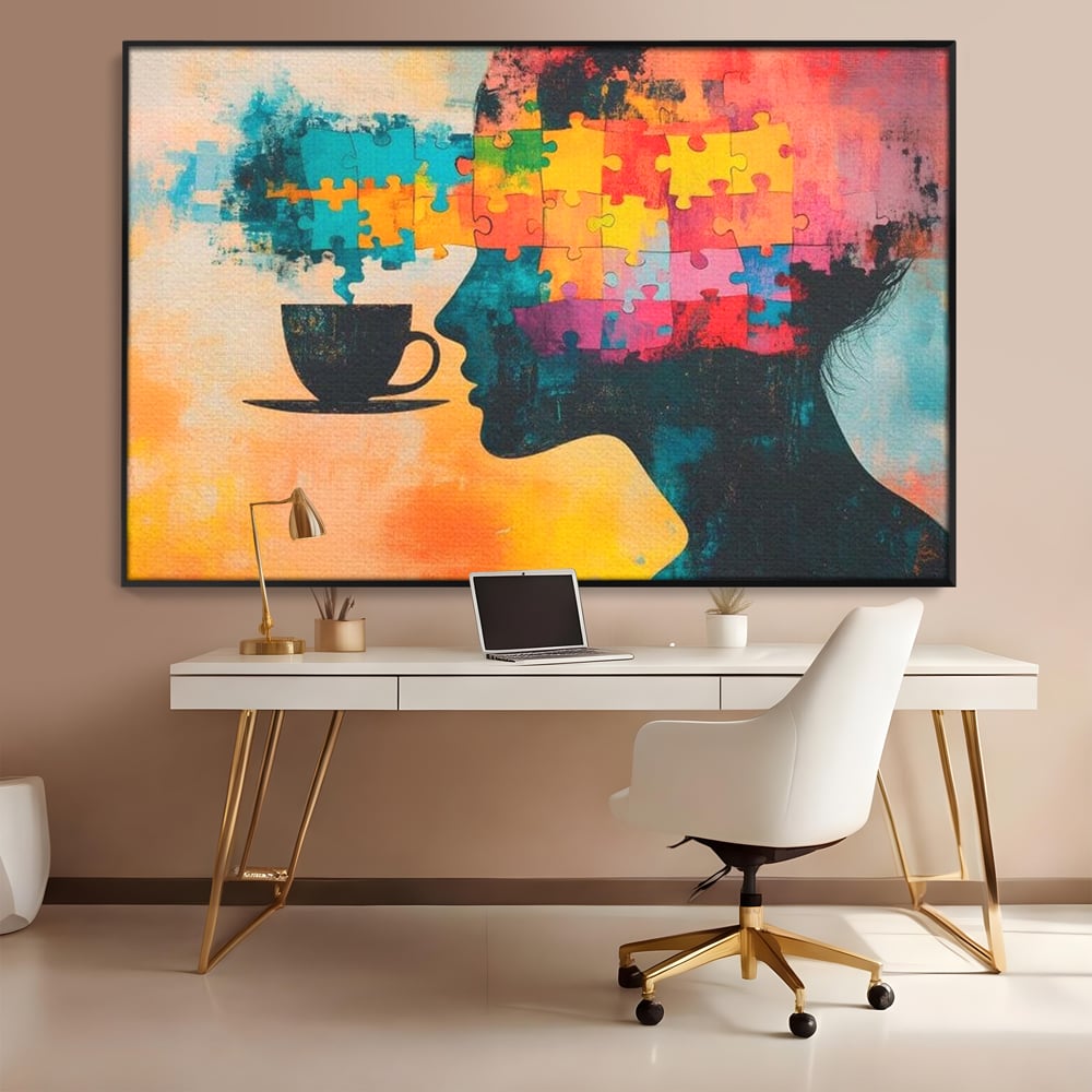 Tablou Canvas Premium, LuxCanva® N1120, Ganduri in Puzzle, Psihologie, Mister, Identitate, Emotie, Minte, Constiinta, Joc, Cafea, Ceasca, Cafenea, Pub, Lounge, Bar, Restaurant, Bucatarie