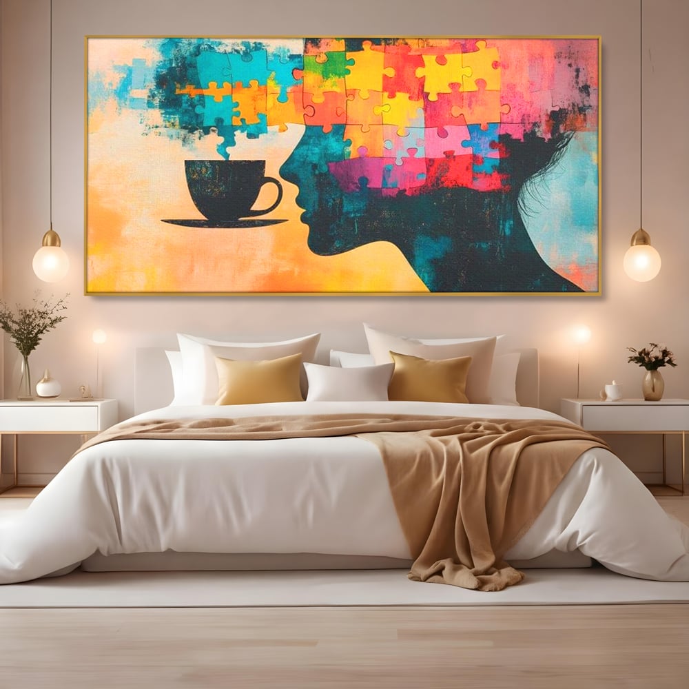 Tablou Canvas Premium, LuxCanva® N1120, Ganduri in Puzzle, Psihologie, Mister, Identitate, Emotie, Minte, Constiinta, Joc, Cafea, Ceasca, Cafenea, Pub, Lounge, Bar, Restaurant, Bucatarie
