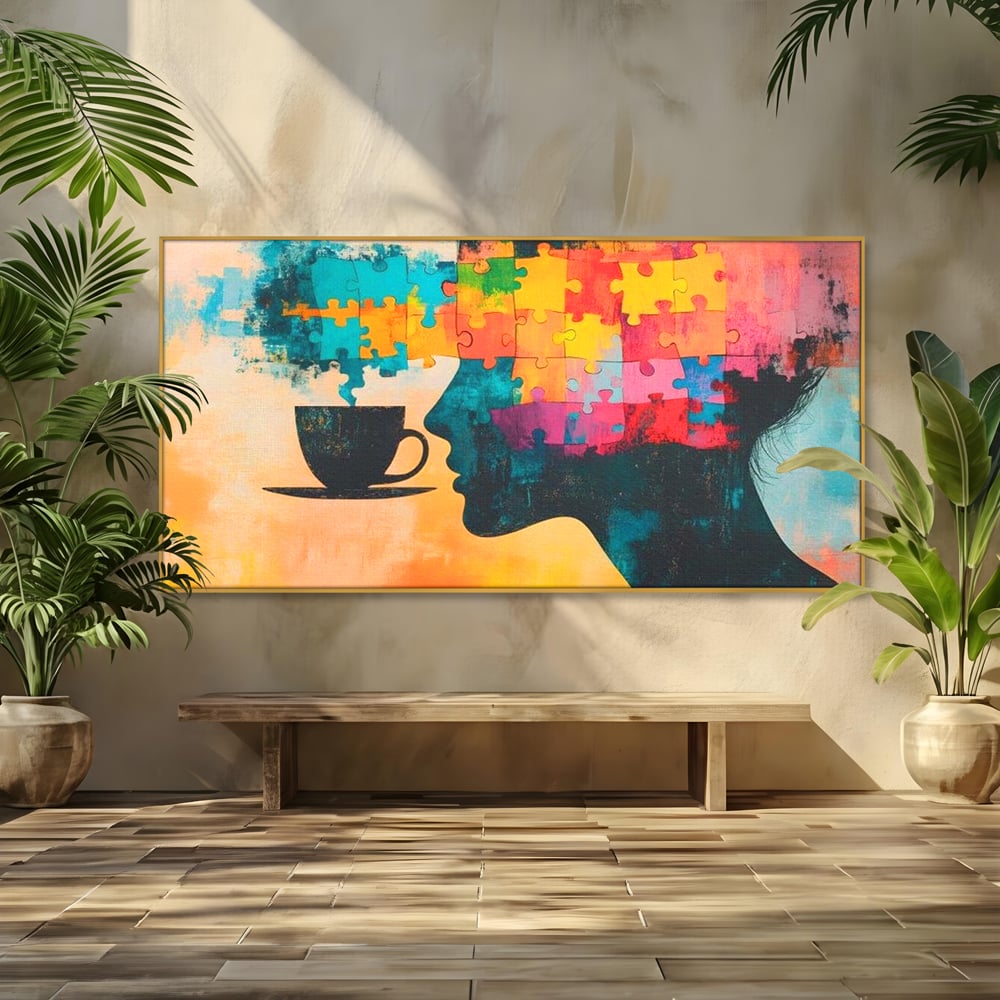 Tablou Canvas Premium, LuxCanva® N1120, Ganduri in Puzzle, Psihologie, Mister, Identitate, Emotie, Minte, Constiinta, Joc, Cafea, Ceasca, Cafenea, Pub, Lounge, Bar, Restaurant, Bucatarie