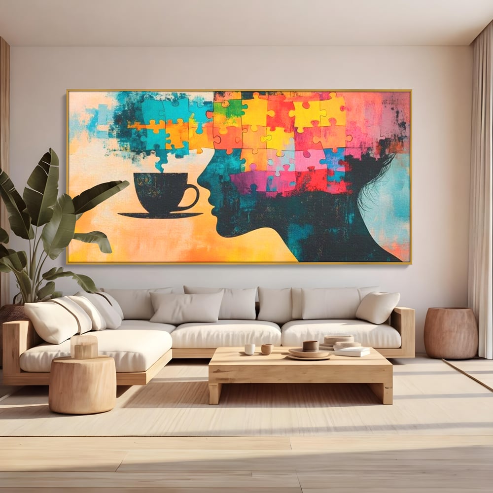 Tablou Canvas Premium, LuxCanva® N1120, Ganduri in Puzzle, Psihologie, Mister, Identitate, Emotie, Minte, Constiinta, Joc, Cafea, Ceasca, Cafenea, Pub, Lounge, Bar, Restaurant, Bucatarie