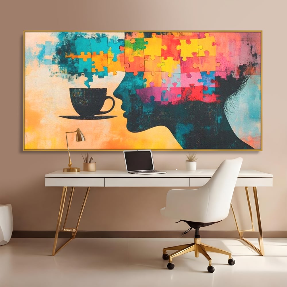 Tablou Canvas Premium, LuxCanva® N1120, Ganduri in Puzzle, Psihologie, Mister, Identitate, Emotie, Minte, Constiinta, Joc, Cafea, Ceasca, Cafenea, Pub, Lounge, Bar, Restaurant, Bucatarie
