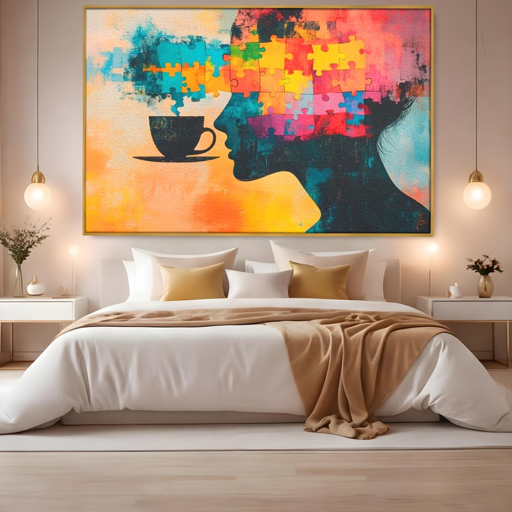 Tablou Canvas Premium, LuxCanva® N1120, Ganduri in Puzzle, Psihologie, Mister, Identitate, Emotie, Minte, Constiinta, Joc, Cafea, Ceasca, Cafenea, Pub, Lounge, Bar, Restaurant, Bucatarie