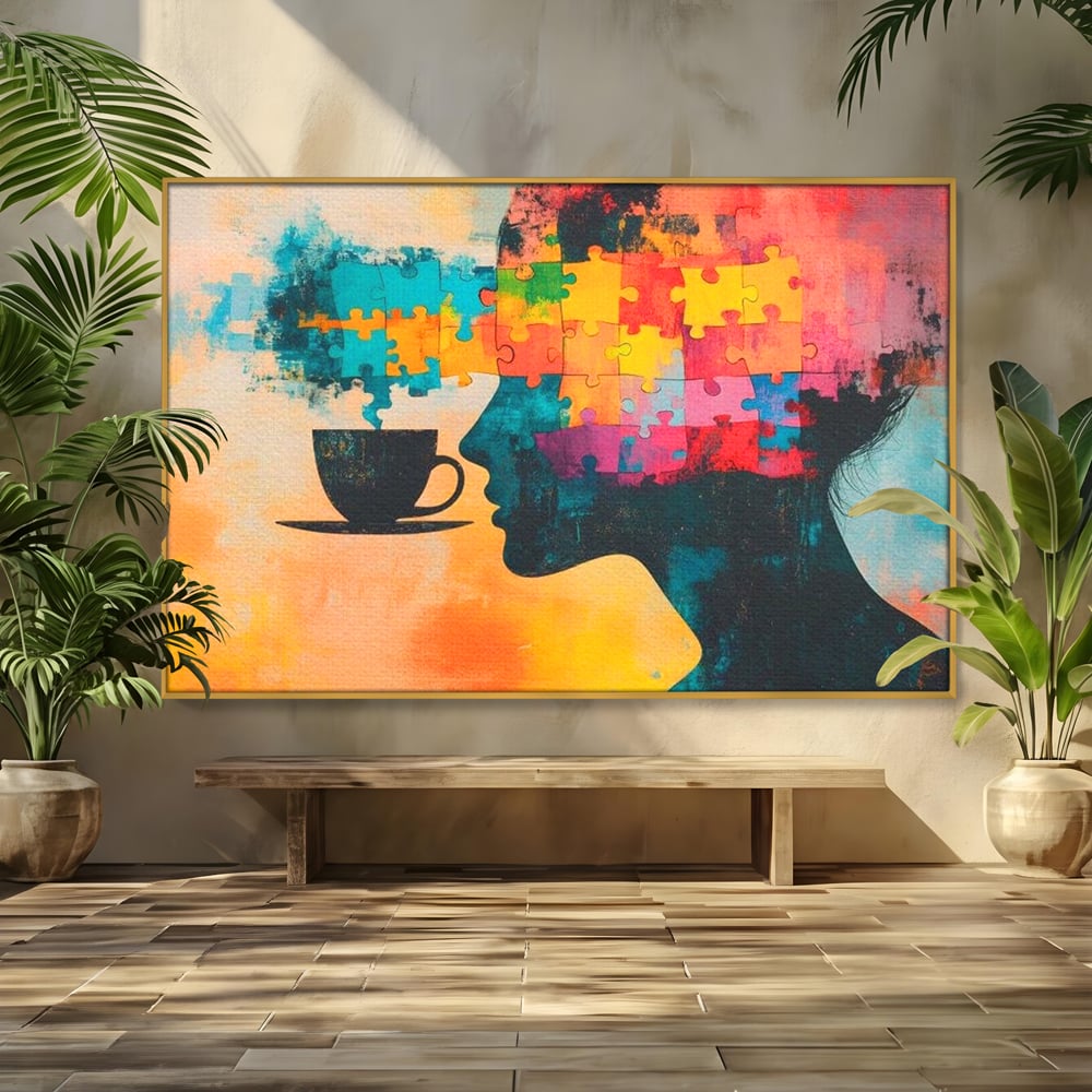 Tablou Canvas Premium, LuxCanva® N1120, Ganduri in Puzzle, Psihologie, Mister, Identitate, Emotie, Minte, Constiinta, Joc, Cafea, Ceasca, Cafenea, Pub, Lounge, Bar, Restaurant, Bucatarie