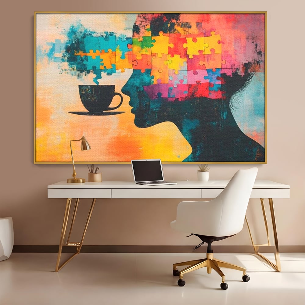 Tablou Canvas Premium, LuxCanva® N1120, Ganduri in Puzzle, Psihologie, Mister, Identitate, Emotie, Minte, Constiinta, Joc, Cafea, Ceasca, Cafenea, Pub, Lounge, Bar, Restaurant, Bucatarie
