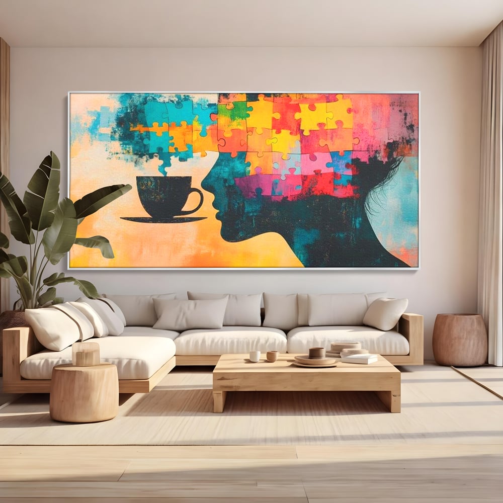 Tablou Canvas Premium, LuxCanva® N1120, Ganduri in Puzzle, Psihologie, Mister, Identitate, Emotie, Minte, Constiinta, Joc, Cafea, Ceasca, Cafenea, Pub, Lounge, Bar, Restaurant, Bucatarie