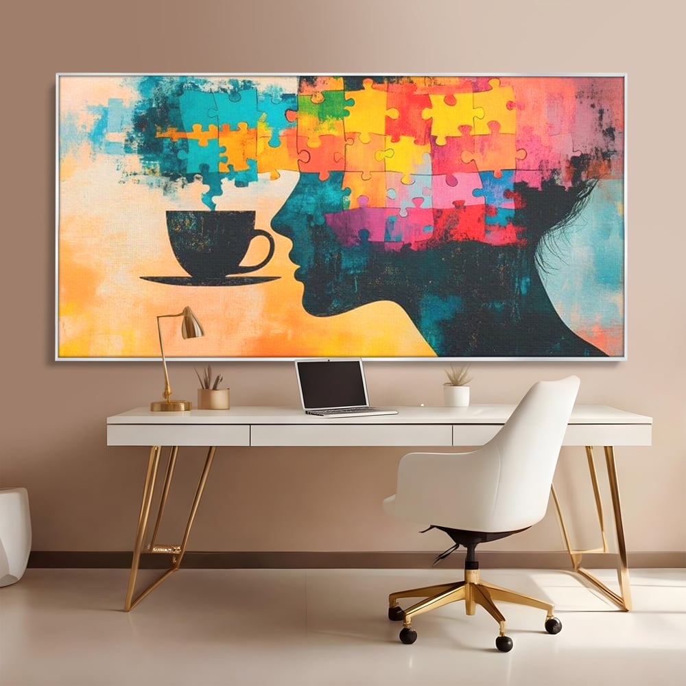 Tablou Canvas Premium, LuxCanva® N1120, Ganduri in Puzzle, Psihologie, Mister, Identitate, Emotie, Minte, Constiinta, Joc, Cafea, Ceasca, Cafenea, Pub, Lounge, Bar, Restaurant, Bucatarie