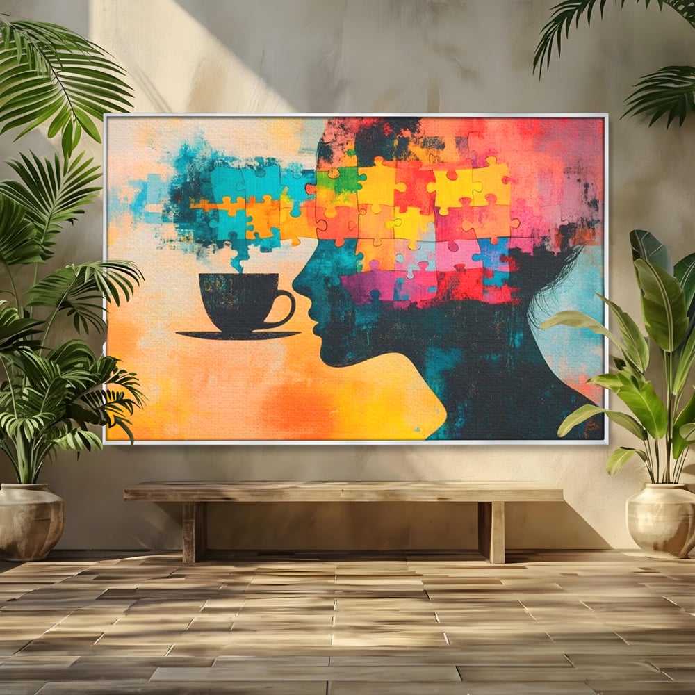 Tablou Canvas Premium, LuxCanva® N1120, Ganduri in Puzzle, Psihologie, Mister, Identitate, Emotie, Minte, Constiinta, Joc, Cafea, Ceasca, Cafenea, Pub, Lounge, Bar, Restaurant, Bucatarie