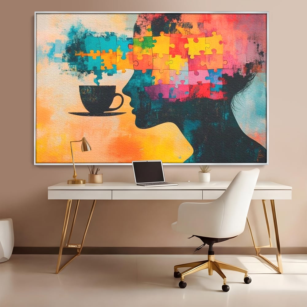 Tablou Canvas Premium, LuxCanva® N1120, Ganduri in Puzzle, Psihologie, Mister, Identitate, Emotie, Minte, Constiinta, Joc, Cafea, Ceasca, Cafenea, Pub, Lounge, Bar, Restaurant, Bucatarie
