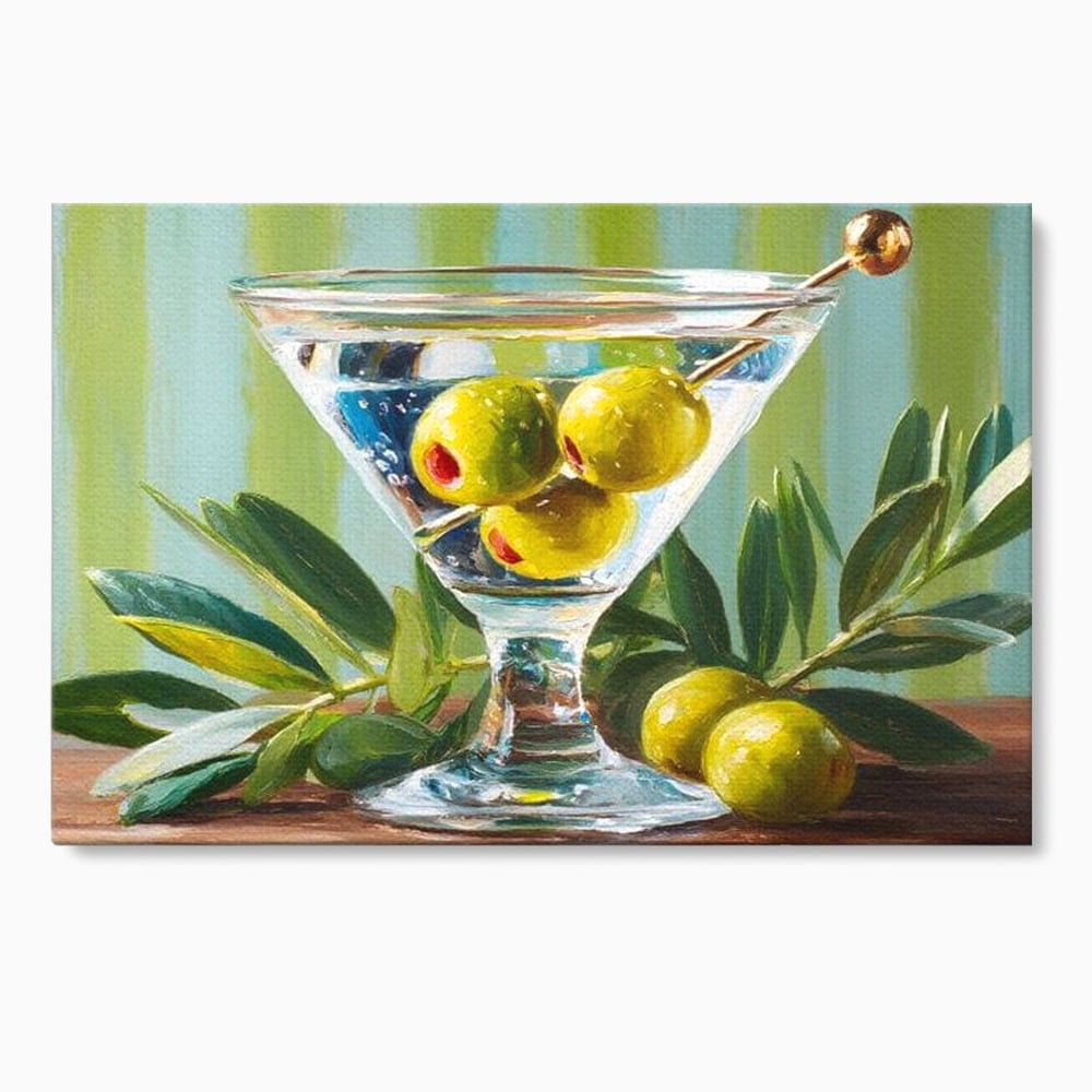 Tablou Canvas Premium, LuxCanva® N1121, Un Martini pe Zi, Cocktail, Pahar, Bautura, Masline, Frunze, Sofisticat, Rafinat, Pub, Lounge, Bar, Restaurant, Bucatarie