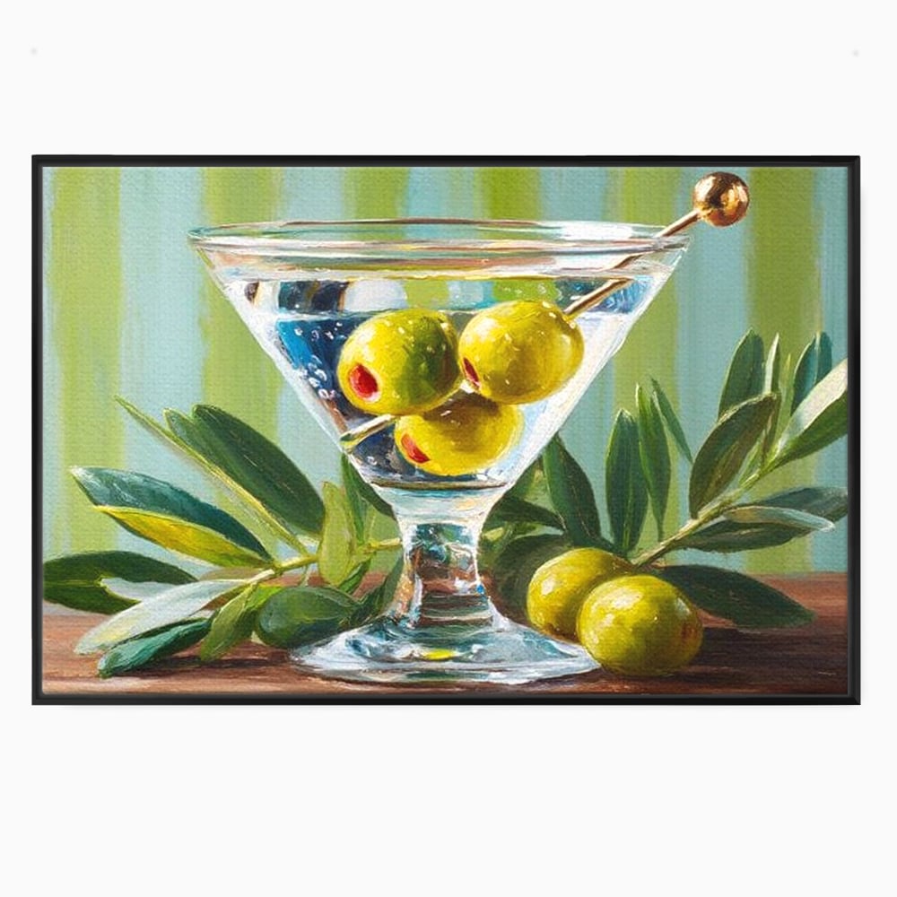 Tablou Canvas Premium, LuxCanva® N1121, Un Martini pe Zi, Cocktail, Pahar, Bautura, Masline, Frunze, Sofisticat, Rafinat, Pub, Lounge, Bar, Restaurant, Bucatarie