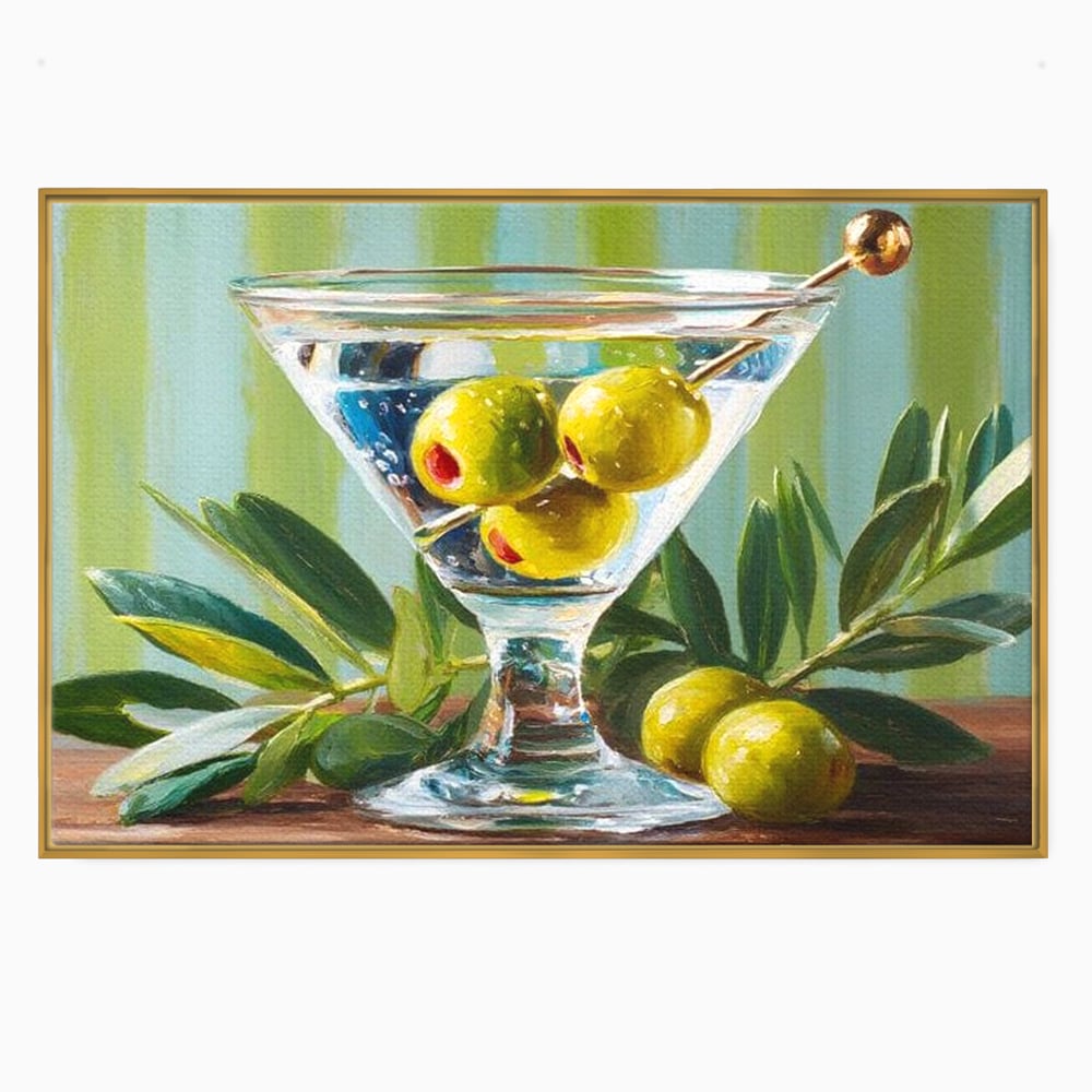 Tablou Canvas Premium, LuxCanva® N1121, Un Martini pe Zi, Cocktail, Pahar, Bautura, Masline, Frunze, Sofisticat, Rafinat, Pub, Lounge, Bar, Restaurant, Bucatarie