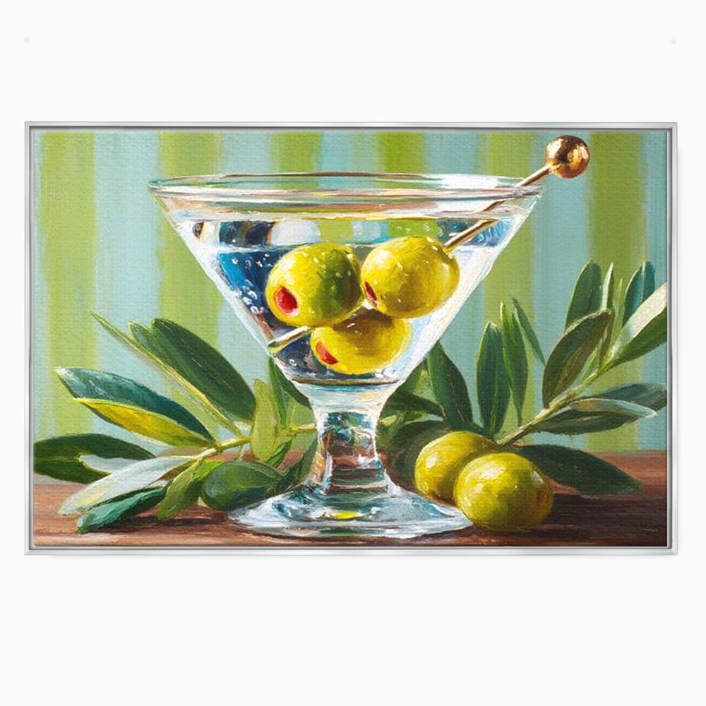 Tablou Canvas Premium, LuxCanva® N1121, Un Martini pe Zi, Cocktail, Pahar, Bautura, Masline, Frunze, Sofisticat, Rafinat, Pub, Lounge, Bar, Restaurant, Bucatarie