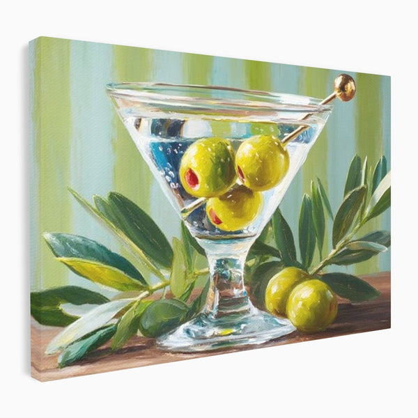 Tablou Canvas Premium, LuxCanva® N1121, Un Martini pe Zi, Cocktail, Pahar, Bautura, Masline, Frunze, Sofisticat, Rafinat, Pub, Lounge, Bar, Restaurant, Bucatarie