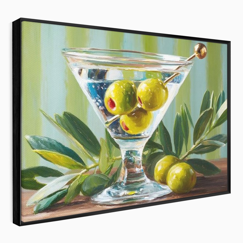 Tablou Canvas Premium, LuxCanva® N1121, Un Martini pe Zi, Cocktail, Pahar, Bautura, Masline, Frunze, Sofisticat, Rafinat, Pub, Lounge, Bar, Restaurant, Bucatarie