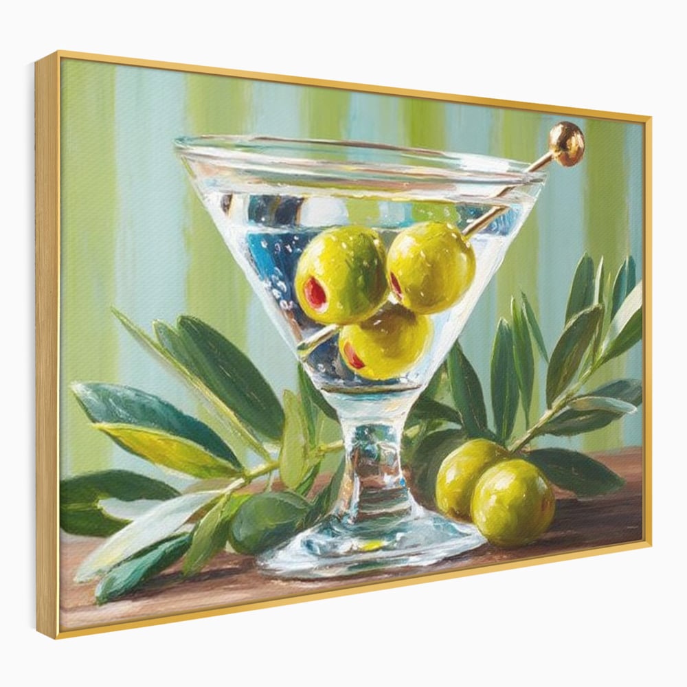 Tablou Canvas Premium, LuxCanva® N1121, Un Martini pe Zi, Cocktail, Pahar, Bautura, Masline, Frunze, Sofisticat, Rafinat, Pub, Lounge, Bar, Restaurant, Bucatarie