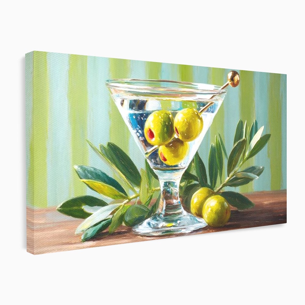 Tablou Canvas Premium, LuxCanva® N1121, Un Martini pe Zi, Cocktail, Pahar, Bautura, Masline, Frunze, Sofisticat, Rafinat, Pub, Lounge, Bar, Restaurant, Bucatarie