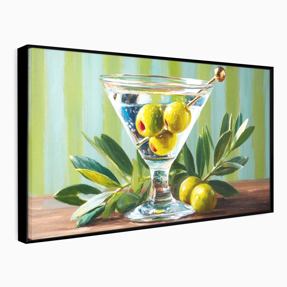 Tablou Canvas Premium, LuxCanva® N1121, Un Martini pe Zi, Cocktail, Pahar, Bautura, Masline, Frunze, Sofisticat, Rafinat, Pub, Lounge, Bar, Restaurant, Bucatarie