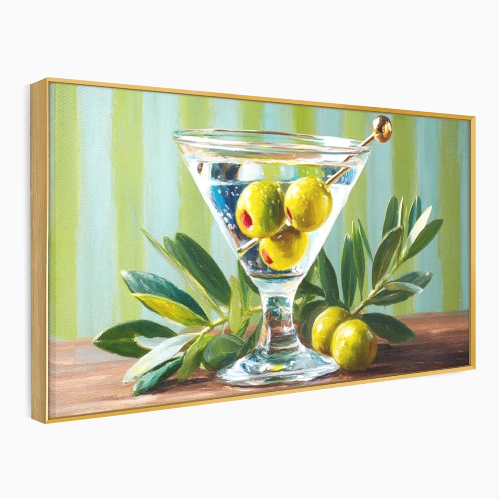 Tablou Canvas Premium, LuxCanva® N1121, Un Martini pe Zi, Cocktail, Pahar, Bautura, Masline, Frunze, Sofisticat, Rafinat, Pub, Lounge, Bar, Restaurant, Bucatarie