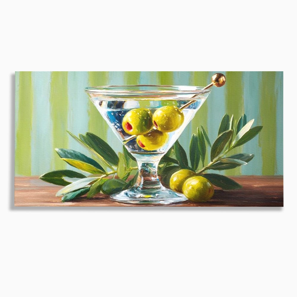 Tablou Canvas Premium, LuxCanva® N1121, Un Martini pe Zi, Cocktail, Pahar, Bautura, Masline, Frunze, Sofisticat, Rafinat, Pub, Lounge, Bar, Restaurant, Bucatarie