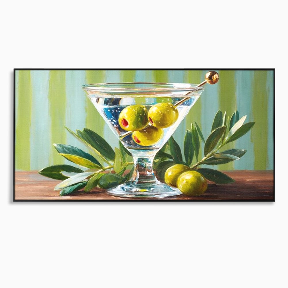 Tablou Canvas Premium, LuxCanva® N1121, Un Martini pe Zi, Cocktail, Pahar, Bautura, Masline, Frunze, Sofisticat, Rafinat, Pub, Lounge, Bar, Restaurant, Bucatarie