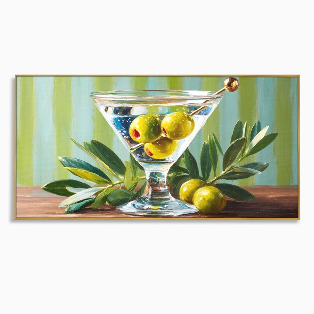 Tablou Canvas Premium, LuxCanva® N1121, Un Martini pe Zi, Cocktail, Pahar, Bautura, Masline, Frunze, Sofisticat, Rafinat, Pub, Lounge, Bar, Restaurant, Bucatarie