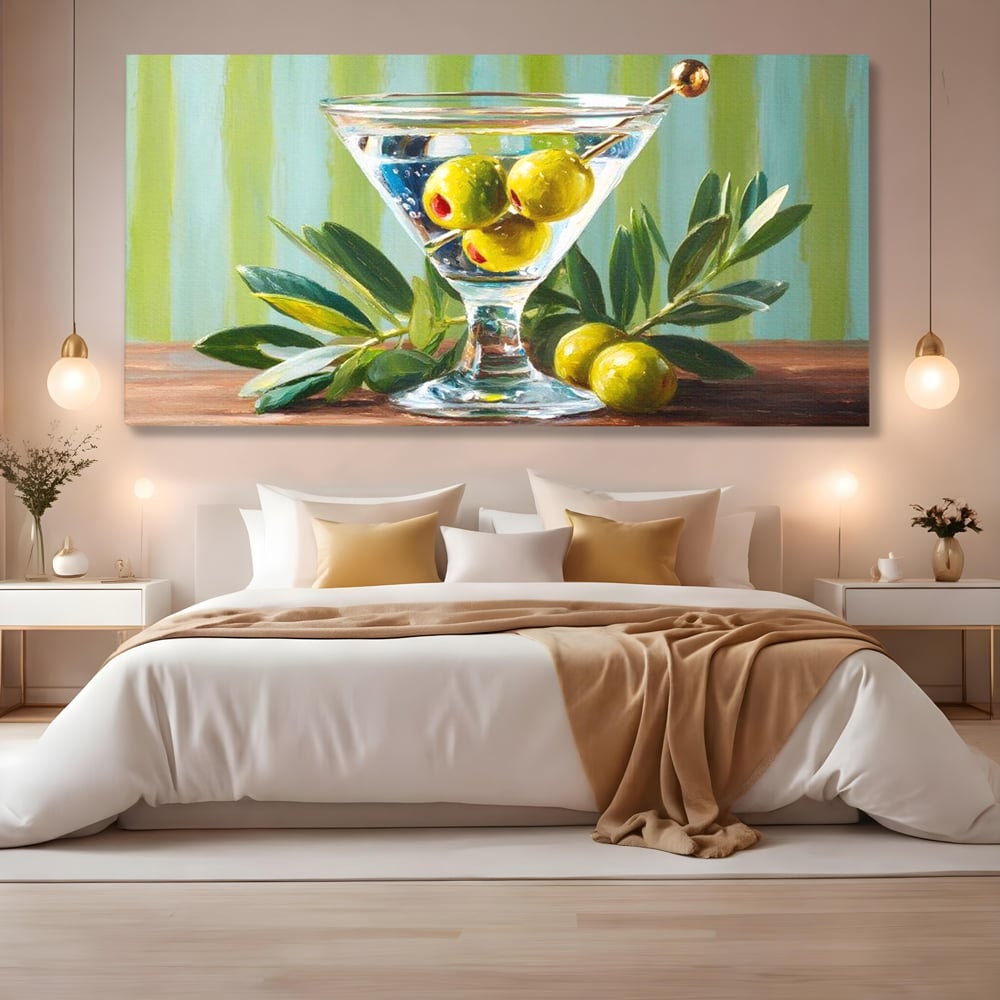 Tablou Canvas Premium, LuxCanva® N1121, Un Martini pe Zi, Cocktail, Pahar, Bautura, Masline, Frunze, Sofisticat, Rafinat, Pub, Lounge, Bar, Restaurant, Bucatarie