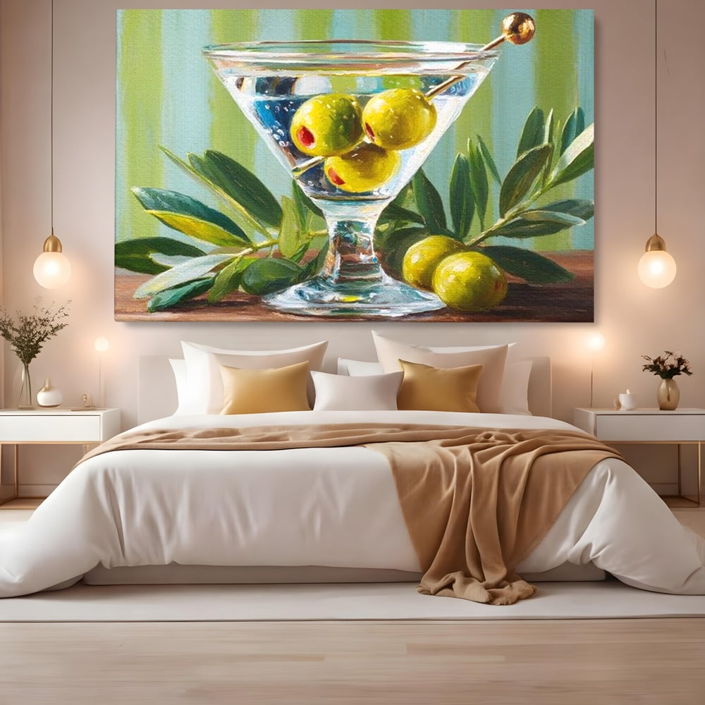 Tablou Canvas Premium, LuxCanva® N1121, Un Martini pe Zi, Cocktail, Pahar, Bautura, Masline, Frunze, Sofisticat, Rafinat, Pub, Lounge, Bar, Restaurant, Bucatarie