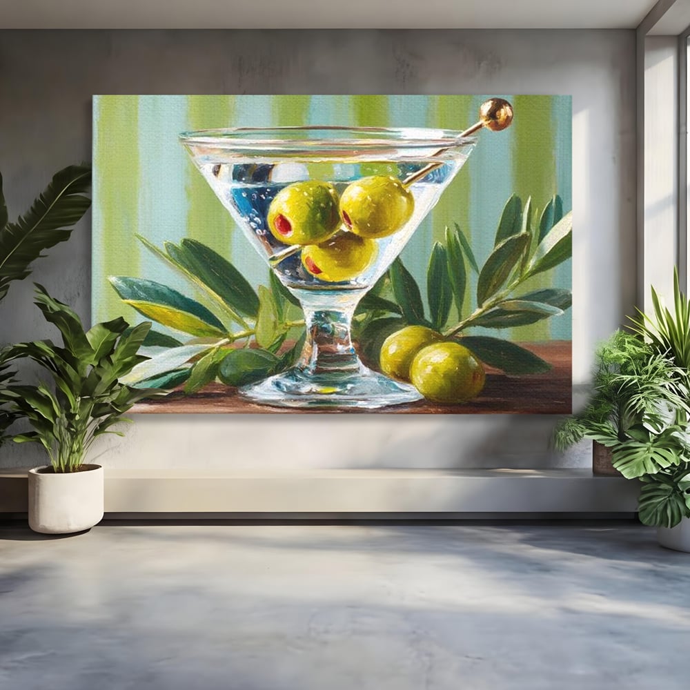 Tablou Canvas Premium, LuxCanva® N1121, Un Martini pe Zi, Cocktail, Pahar, Bautura, Masline, Frunze, Sofisticat, Rafinat, Pub, Lounge, Bar, Restaurant, Bucatarie