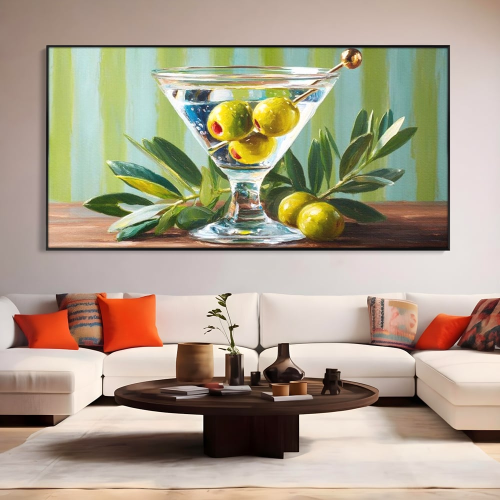 Tablou Canvas Premium, LuxCanva® N1121, Un Martini pe Zi, Cocktail, Pahar, Bautura, Masline, Frunze, Sofisticat, Rafinat, Pub, Lounge, Bar, Restaurant, Bucatarie