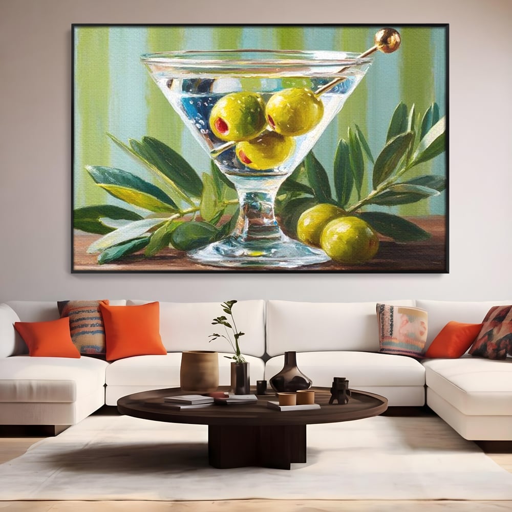 Tablou Canvas Premium, LuxCanva® N1121, Un Martini pe Zi, Cocktail, Pahar, Bautura, Masline, Frunze, Sofisticat, Rafinat, Pub, Lounge, Bar, Restaurant, Bucatarie