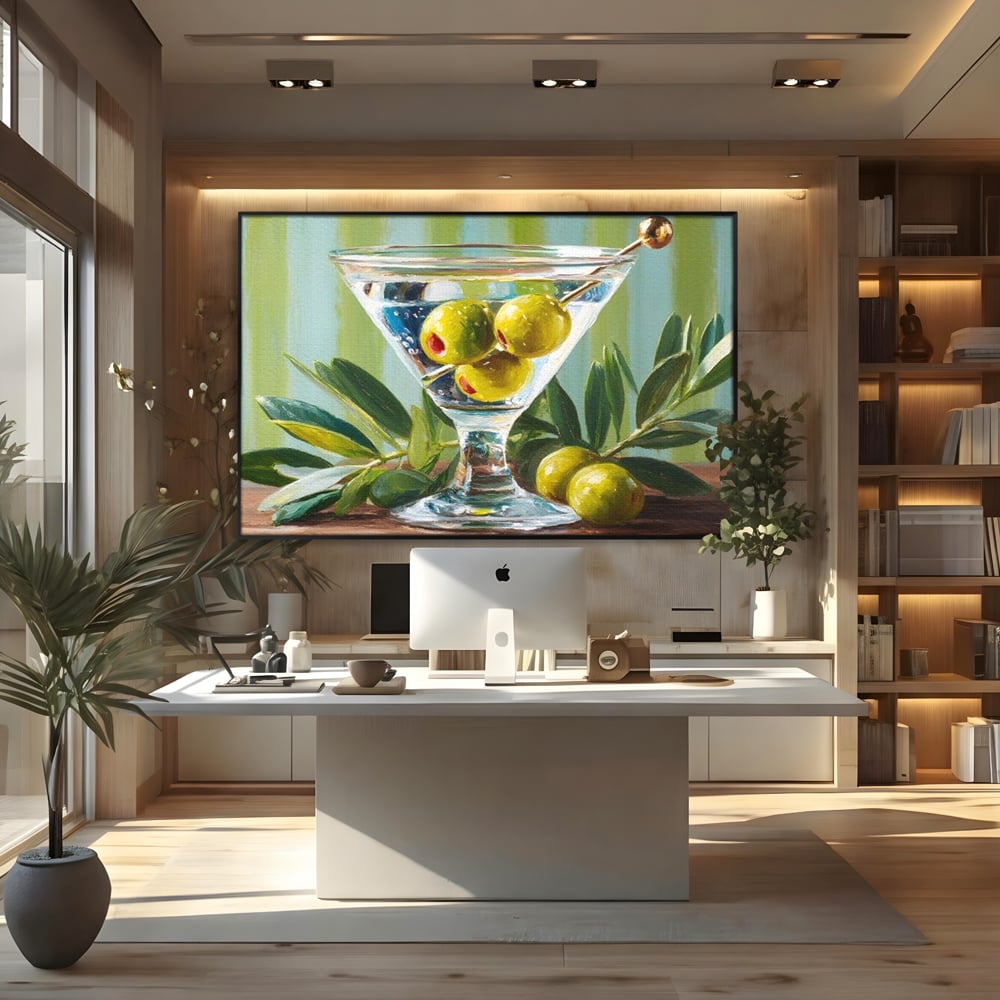 Tablou Canvas Premium, LuxCanva® N1121, Un Martini pe Zi, Cocktail, Pahar, Bautura, Masline, Frunze, Sofisticat, Rafinat, Pub, Lounge, Bar, Restaurant, Bucatarie