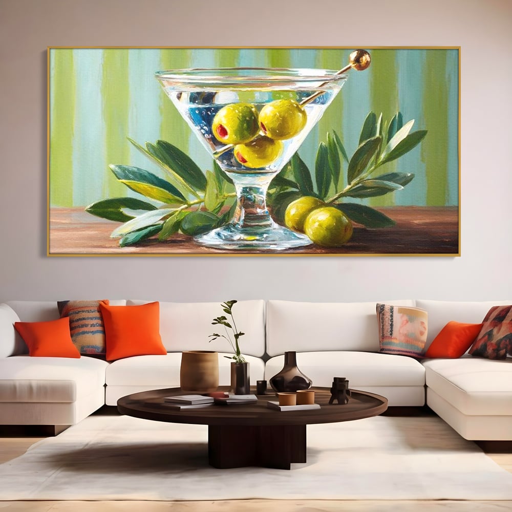 Tablou Canvas Premium, LuxCanva® N1121, Un Martini pe Zi, Cocktail, Pahar, Bautura, Masline, Frunze, Sofisticat, Rafinat, Pub, Lounge, Bar, Restaurant, Bucatarie