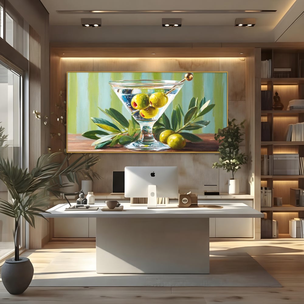 Tablou Canvas Premium, LuxCanva® N1121, Un Martini pe Zi, Cocktail, Pahar, Bautura, Masline, Frunze, Sofisticat, Rafinat, Pub, Lounge, Bar, Restaurant, Bucatarie