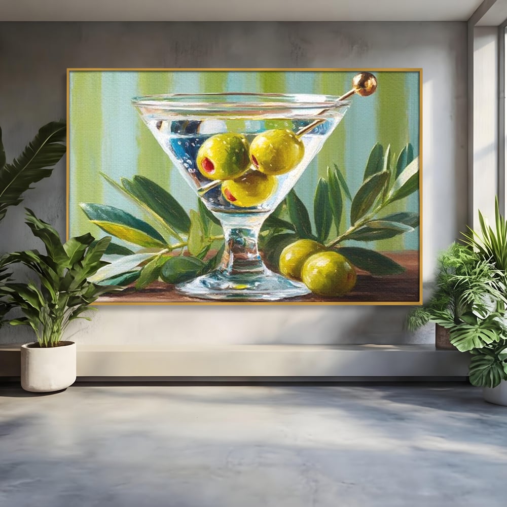 Tablou Canvas Premium, LuxCanva® N1121, Un Martini pe Zi, Cocktail, Pahar, Bautura, Masline, Frunze, Sofisticat, Rafinat, Pub, Lounge, Bar, Restaurant, Bucatarie