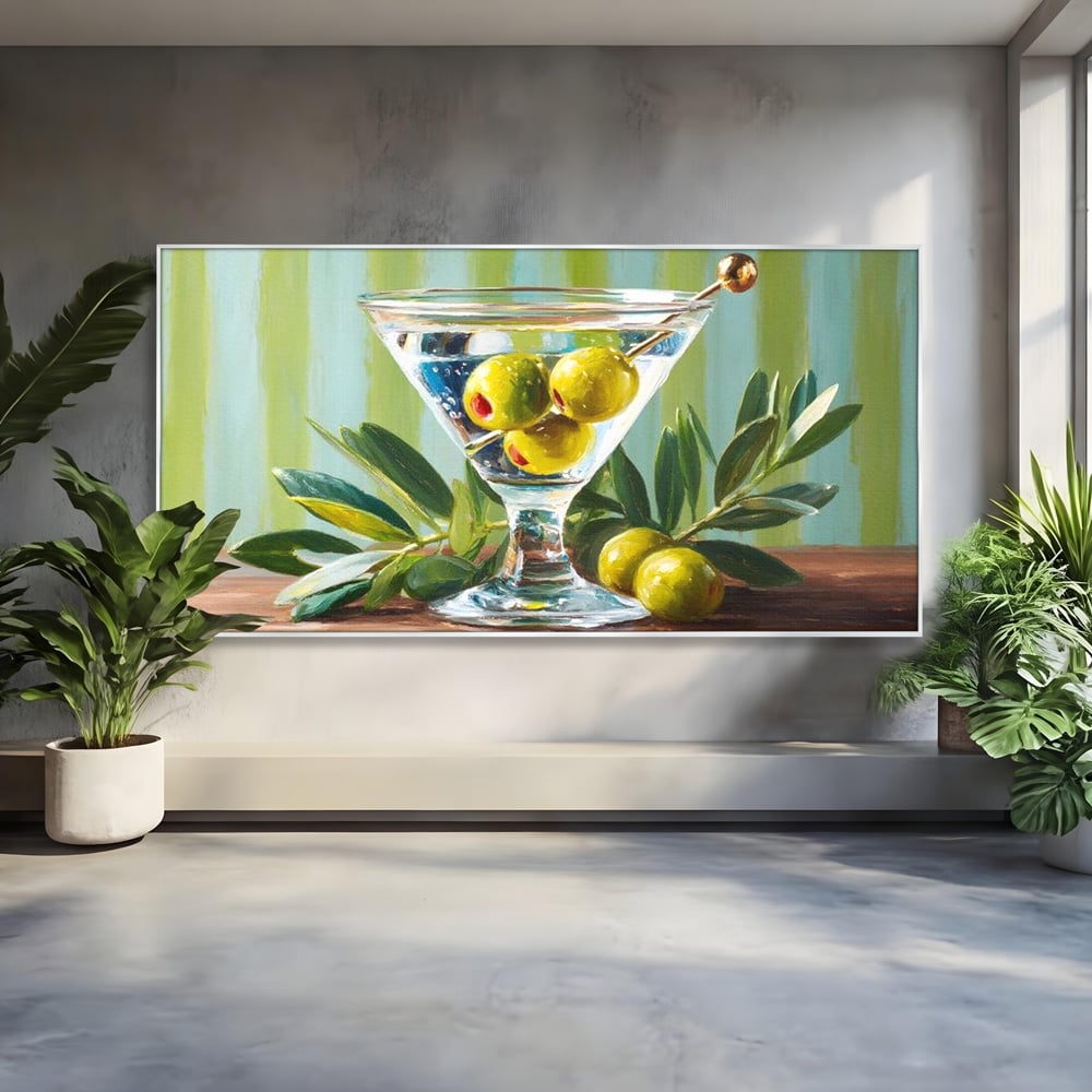 Tablou Canvas Premium, LuxCanva® N1121, Un Martini pe Zi, Cocktail, Pahar, Bautura, Masline, Frunze, Sofisticat, Rafinat, Pub, Lounge, Bar, Restaurant, Bucatarie