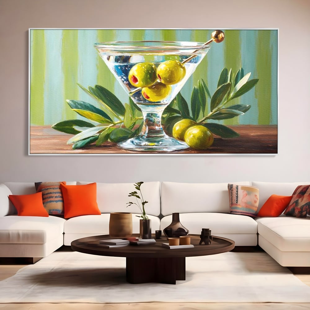 Tablou Canvas Premium, LuxCanva® N1121, Un Martini pe Zi, Cocktail, Pahar, Bautura, Masline, Frunze, Sofisticat, Rafinat, Pub, Lounge, Bar, Restaurant, Bucatarie